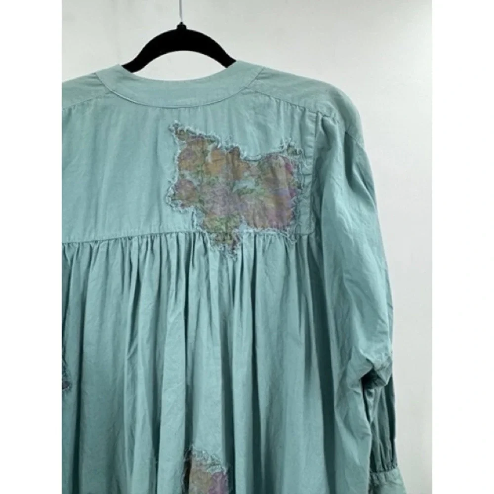 Free People Blue Floral Patch Pintuck Buttons Tunic Top SMALL Boho Cottage